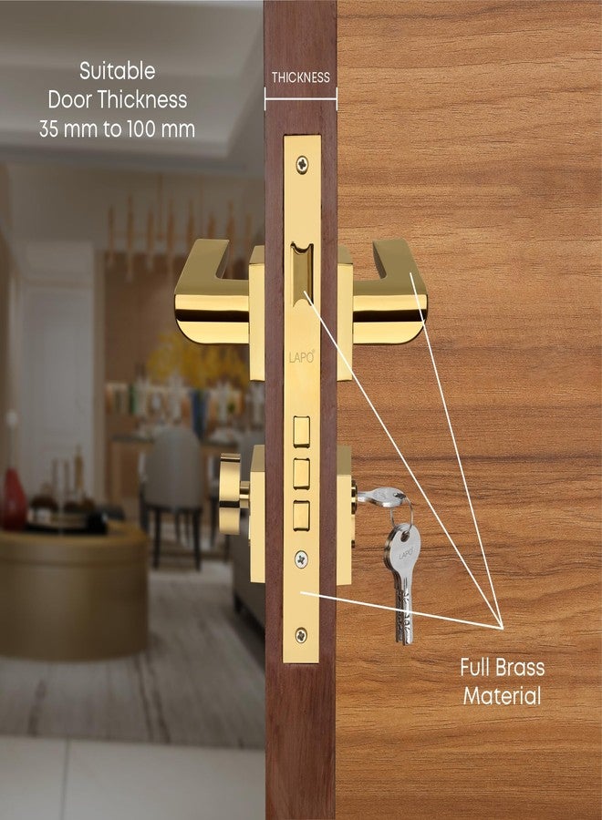 LAPO Heavy Duty Brass Mortise Door Lock Set | Main Door Handleset with Lock Body | Premium Security Lock for Bedroom, Home, Office & Entry Doors | Durable | 3 Years Warranty Ro-02 - PVD Gold Finish - Image 3